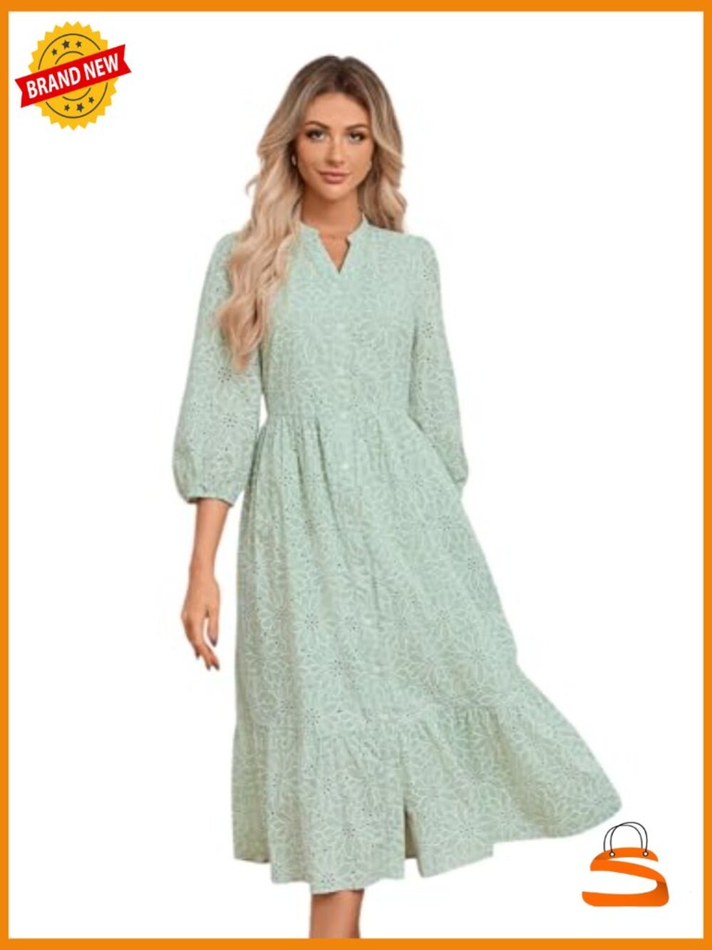 Boho Floral Lace Eyelet Midi Dress 3/4 Sleeve V-Neck Button - Picture 3 of 7